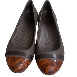 Crocs Cap Toe Flat Espresso Brown Tortoise Shell Ballet Flats Womens Size 10